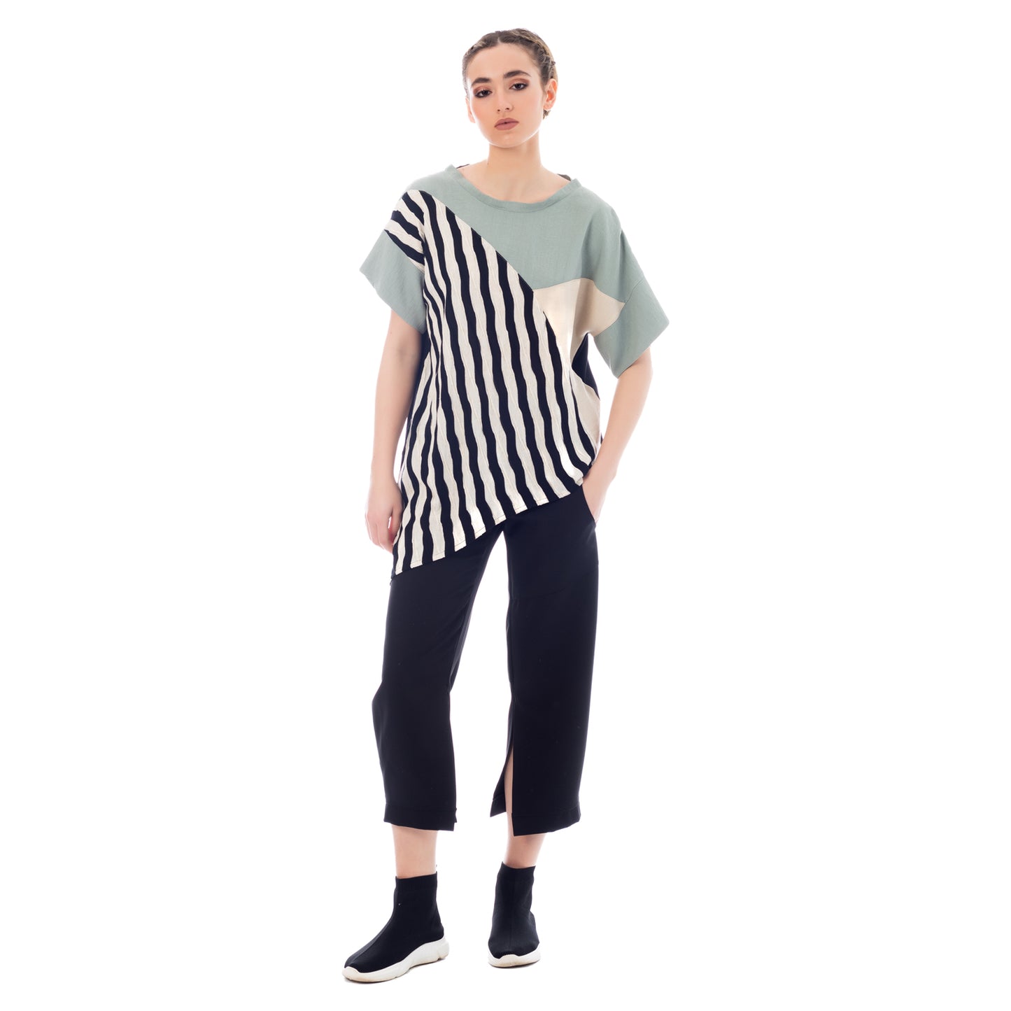 Striped Symphony: Seva's Asymmetric Blouse in  Stripes ss.24.se.068