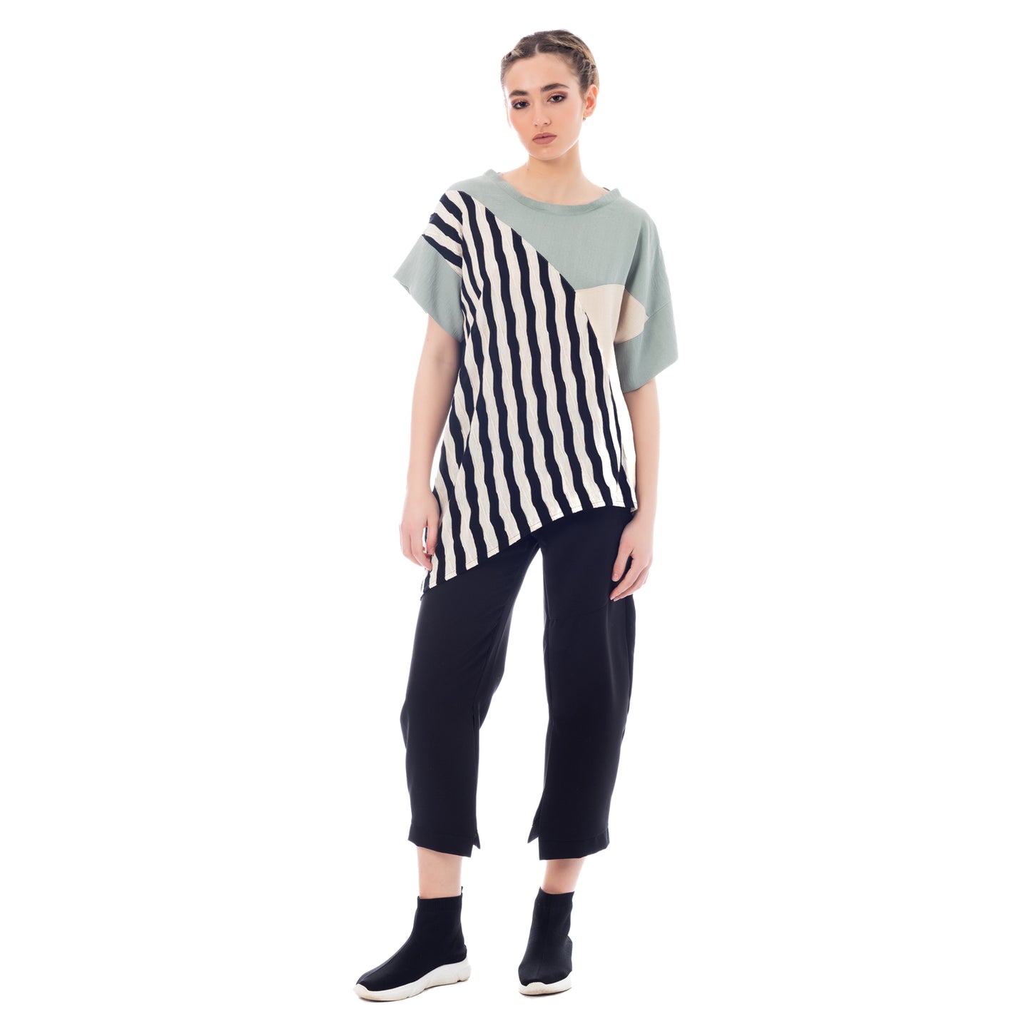 Striped Symphony: Seva's Asymmetric Blouse in  Stripes ss.24.se.068