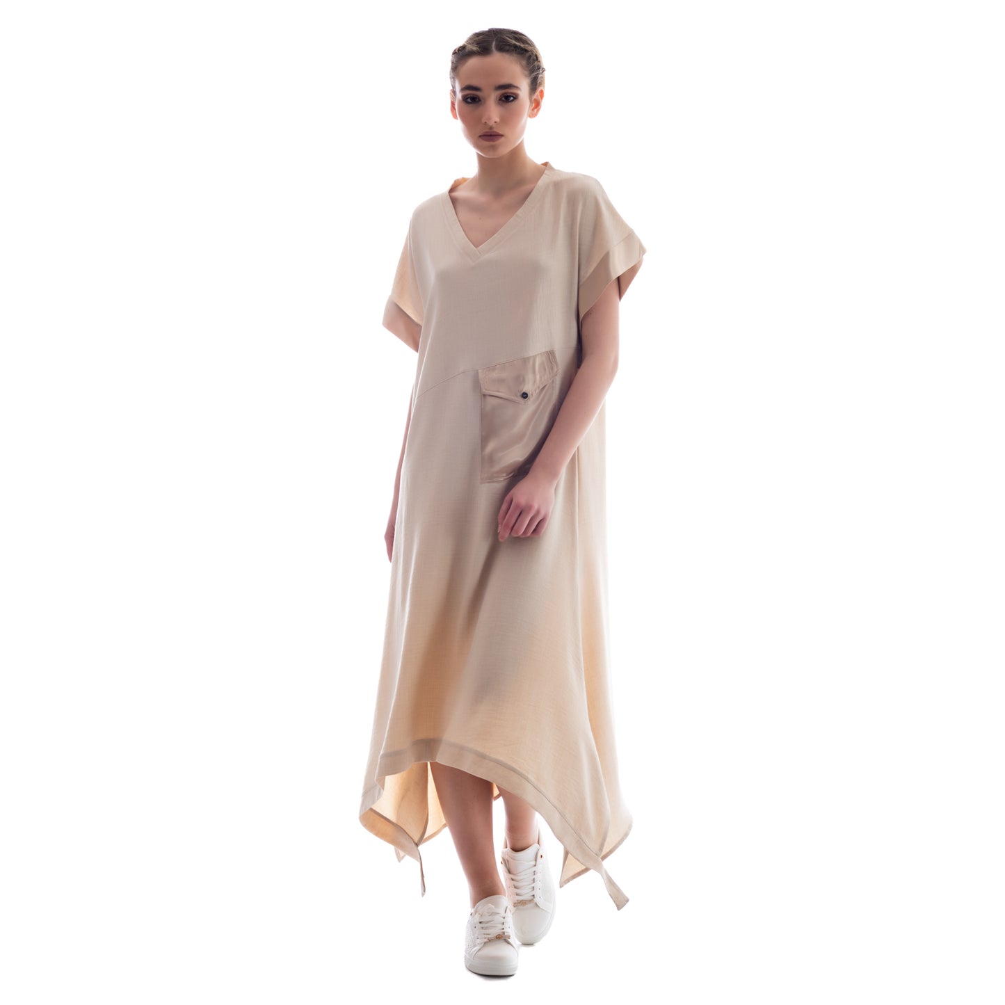 Ethereal Sands: Seva's Asymmetric Maxi Dress ss.24.se.093