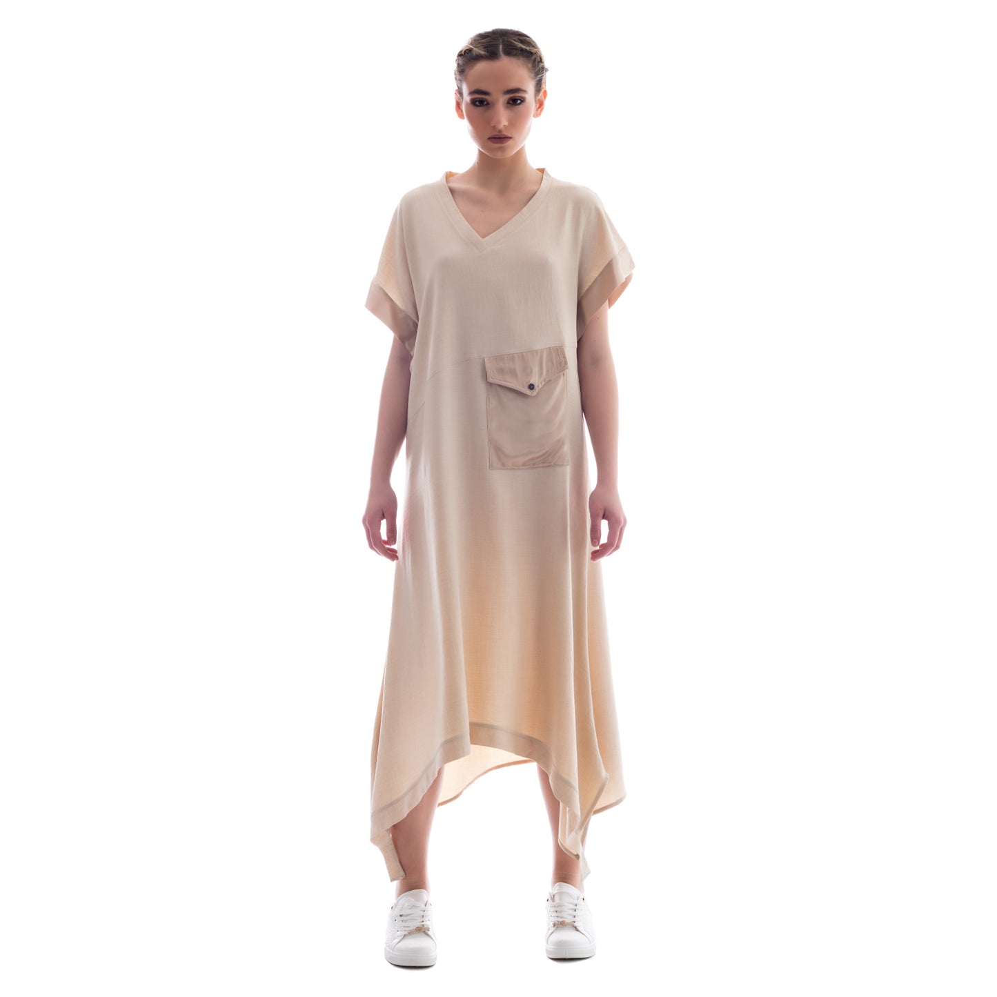 Ethereal Sands: Seva's Asymmetric Maxi Dress ss.24.se.093