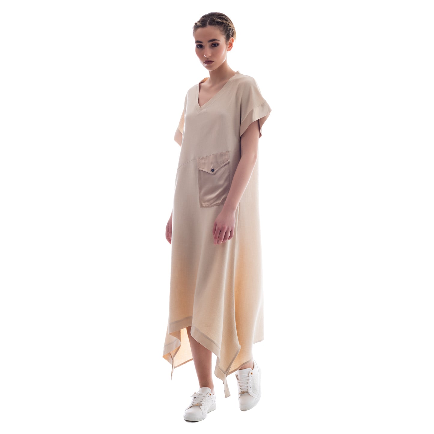 Ethereal Sands: Seva's Asymmetric Maxi Dress ss.24.se.093