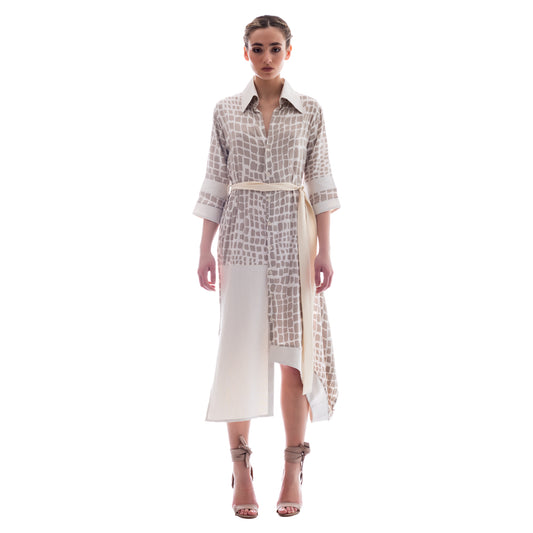 Seva's Maxi Asymmetric Shirt Dress: Print & Fabric Fusion ss.22.se.172