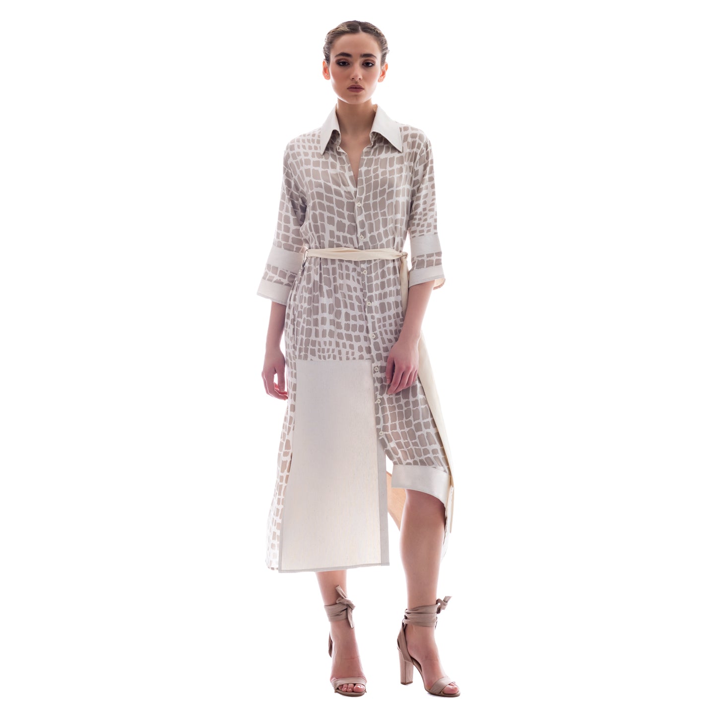 Seva's Maxi Asymmetric Shirt Dress: Print & Fabric Fusion ss.22.se.172