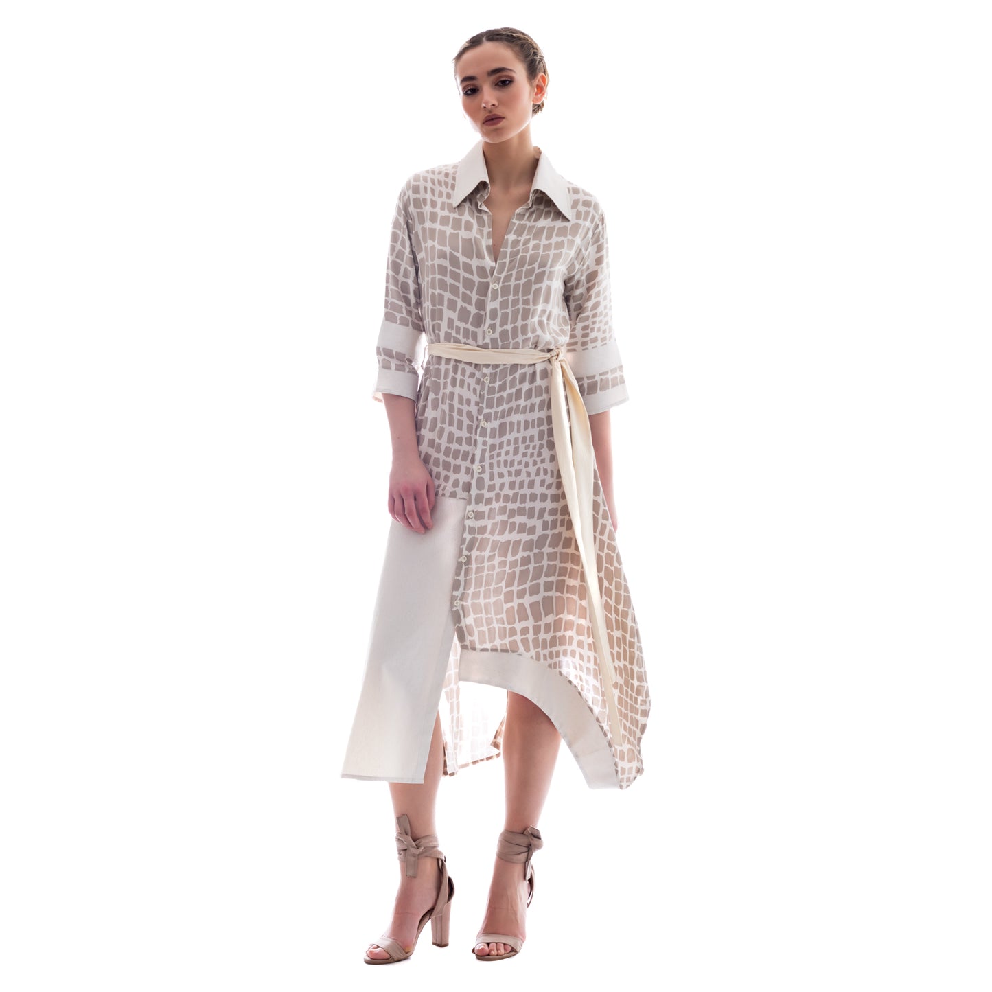 Seva's Maxi Asymmetric Shirt Dress: Print & Fabric Fusion ss.22.se.172